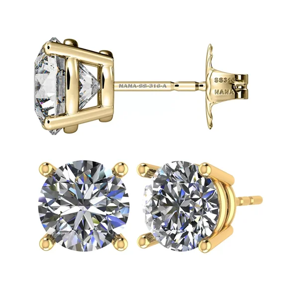 Round CZ Stud Earrings Hypoallergenic & Sterling Silver Cubic Zirconia - 5.25mm (1.00cttw) Yellow Gold Plated