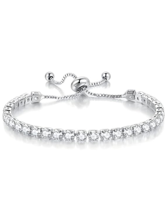 Round CZ Tennis Bracelet for Women Adjustable Chain Slide Bead White Gold Plated Ginger Lyne Collection