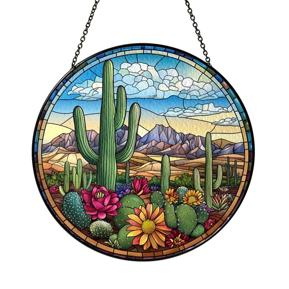 Round Cactus Desert Scene Stained Glass Style Window Decor, Rustic Hanging Art Panel