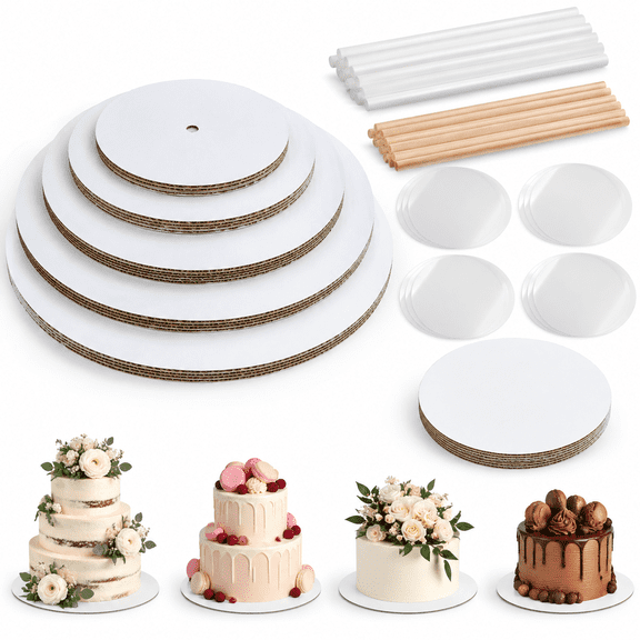 Round Cake Board Tier Stacking Kit with Dowels, 4 Sizes for Wedding Birthday Party Dessert Displays