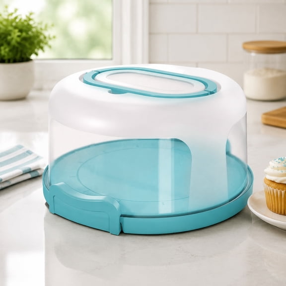 Round Cake Carrier with Two-Sided Serving Tray, Portable Cake Stand and Box with Handle, Fits 10-Inch Cakes and Pies, 5-Section Cake Container, Aqua