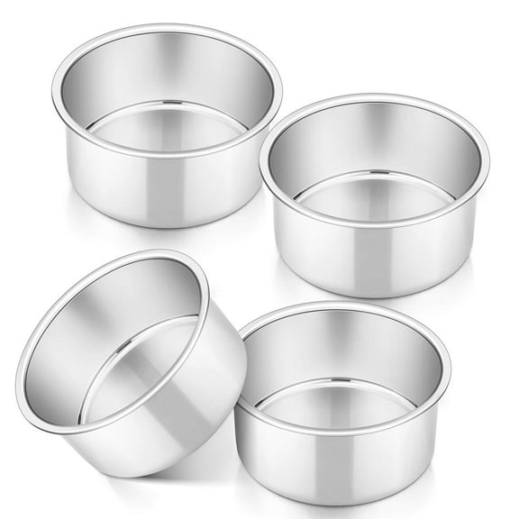 Round Cake Pans 4 Inch Set, Stainless Steel Bakeware with 2 Inch Height, Leakproof One-Piece Construction for Layer Cakes, Silver