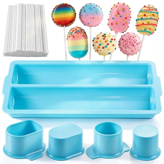 Round Cake Pop Mold Set, Including 2Pcs Circle Cake Pop Cutter, 9 Inch Tray and 100Pcs Lollipop Sticks for Home Desserts Making Accessories, Blue