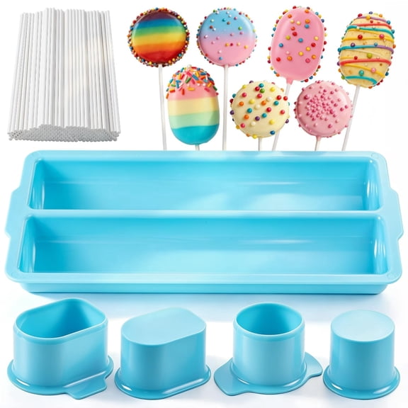 Round Cake Pop Mold Set, JUNCRAFT Including 2Pcs Circle Cake Pop Cutter, 9 Inch Tray and 100Pcs Lollipop Sticks for Home Desserts Making Accessories, Blue