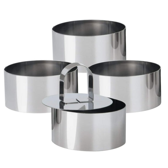 Round Cake Ring Mold, Stainless Steel 3 Cooking Crumpet Rings with 1 Pusher & 4 Food Form, Tuna Tartare Mold for Pancake, Salad, Mousse