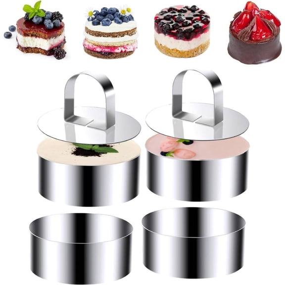 Round Cake Ring Mold, Stainless Steel 3 Cooking Crumpet Rings with 2 Pusher & 4 Food Form, Tuna Tartare Mold for Pancake, Salad, Mousse