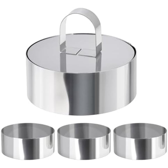 Round Cake Ring Mold, Stainless Steel 4" Cooking Crumpet Rings with 1 Pusher & 4 Food Form, Tuna Tartare Mold for Pancake, Salad, Mousse