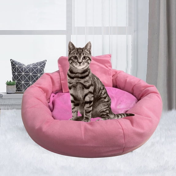 Round Calming Small Dog Bed, 95% Polyester Plush Warm Winter Puppy Mat with Pillow, Non-Slip Washable Cat Bed for Cats & Small Pets, Pink