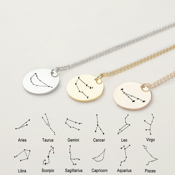 Round Cancer Gold Zodiac Sign Necklace Constellation Zodiac Coin Necklace Stainless Steel Horoscope Necklace Astrology Jewelry