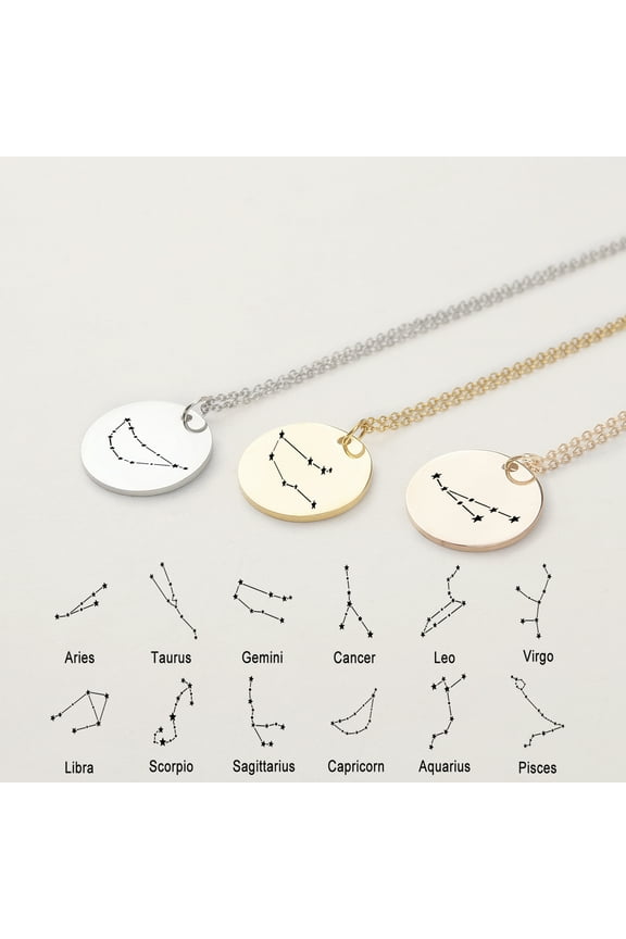 Round Cancer Gold Zodiac Sign Necklace Constellation Zodiac Coin Necklace Stainless Steel Horoscope Necklace Astrology Jewelry