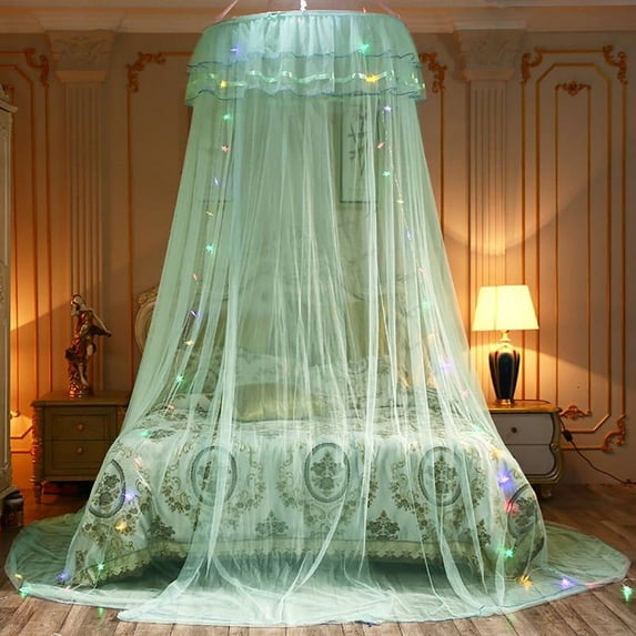 Round Canopy Bed Curtain for Girls Adults-Dome Bed Net for Twin Full Queen King Size Bed, Quick Easy Installation, Moisquito Net 70 X 260cm / 27.5 "x 102", Green (Net,Light String)