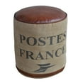 thumbnail image 1 of Round Canvas Pouf POST topped with Brown Leather Seat, 1 of 4