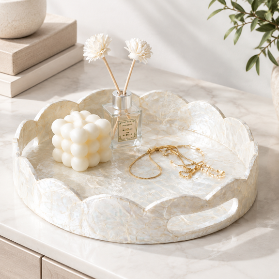 Round Capiz Shell Decorative Serving Tray for Coffee Table Vanity and Kitchen