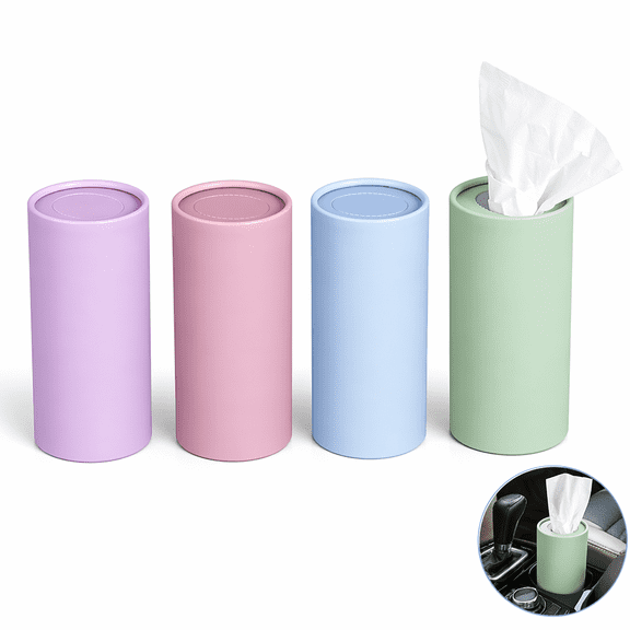 Artrylin 4-Pack  Round Cylinder Facial Tissue Box Cover, Travel Car Tissue Tube Dispenser for Visor Cup Holder, Home Bathroom Vanity & Office Desk, Large Capacity(Blue/Green/Purple/Pink)