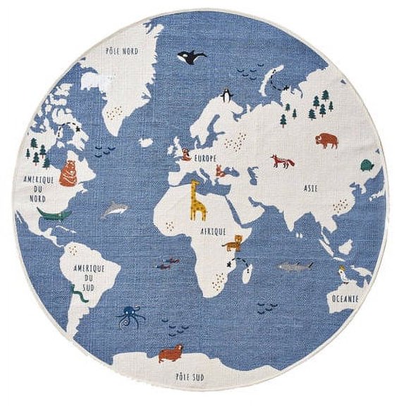 Round Carpets For Living Room Bedroom Map Animal World Mat Children Room Rugs Anti-slip Cotton Linen Home r Kids Room