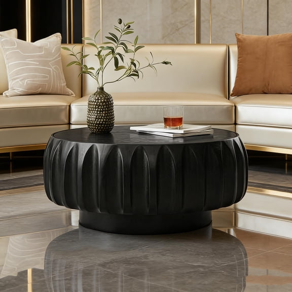 Round Carved Coffee Table with Elegant Sculptural Design, Handcrafted Center Table for Living Room or Lounge, Unique Artistic Piece with Finish