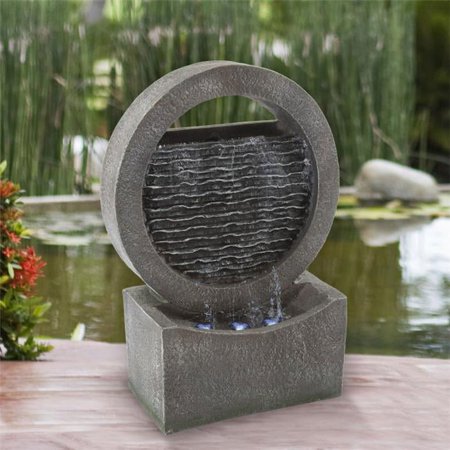 Round Cascade Fountain-Polyresin Waterfall With LED Lights-Outdoor Decorative Water, Gray