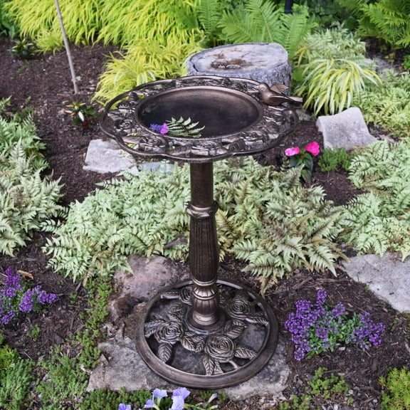 Round Cast Aluminum Metal 29-in Bronze Bird Bath with Roses