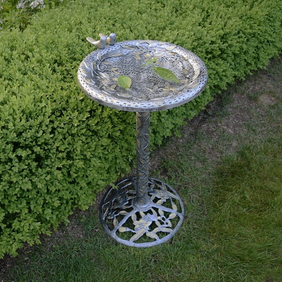 Round Cast Aluminum Metal 32-in Bird Bath with Hummingbirds