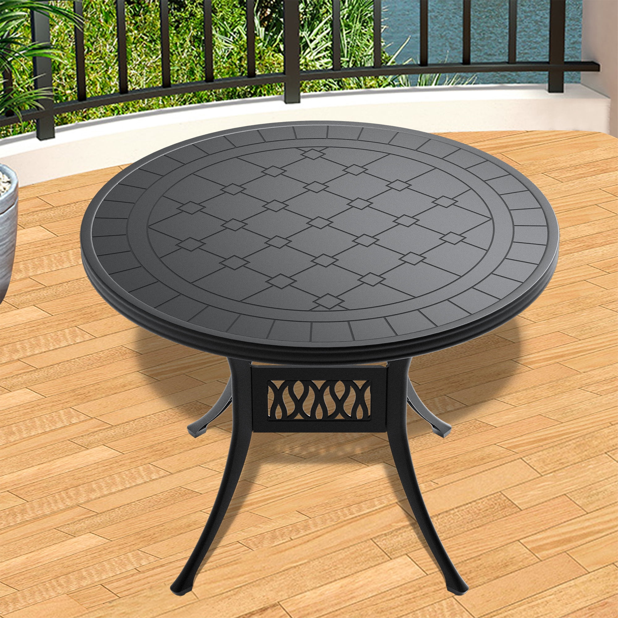 Round Cast Aluminum Patio Dining Table with Black Frame and Carved Texture for Garden Deck, Black