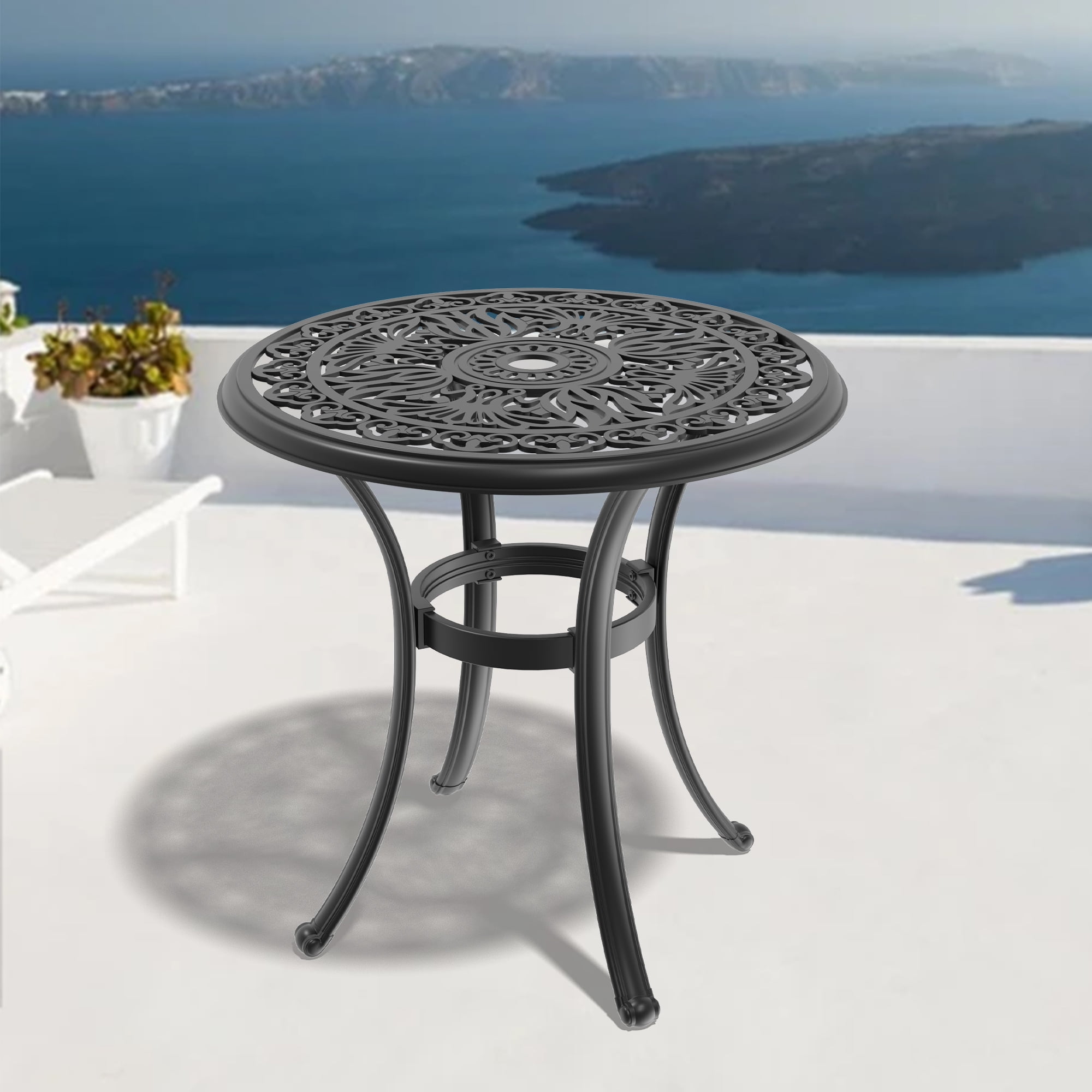 Round Cast Aluminum Patio Dining Table with Black Frame and Umbrella Hole for Garden Deck, Black