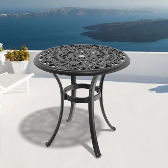 Round Cast Aluminum Patio Dining Table with Black Frame and Umbrella Hole for Garden Deck, Black