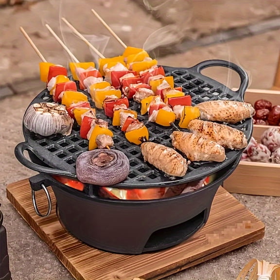 Round Cast Iron Outdoor Charcoal Grill with Pizza Stone Capability, Includes Wooden Serving Board and Stainless Steel Mesh Tray for Tea or Herbs, Portable for Camping and Family BBQ