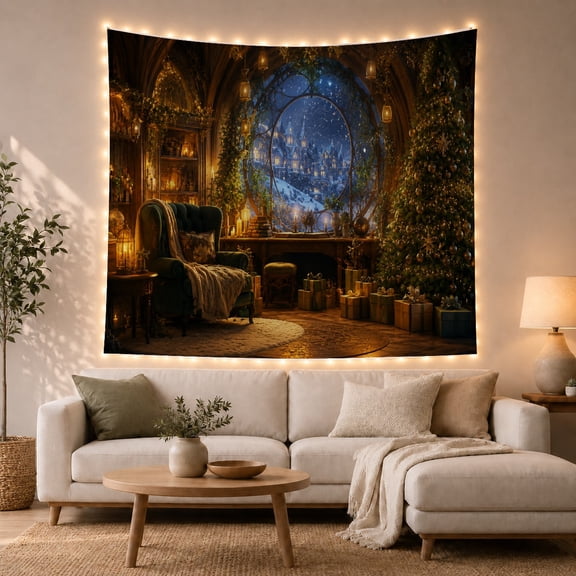 Round Castle Window with Snowy Village, Cozy Fantasy for Book Lovers, Magical Interior Wall Art, Christmas Gift Tapestry Wall Hanging for Living Room and Dorm