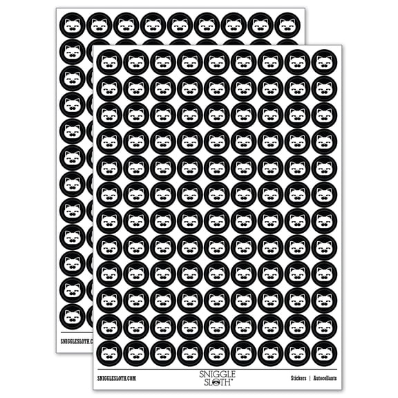 Round Cat Face Skeptical 200+ Round Stickers - Black - Gloss Finish - 0.50" Size