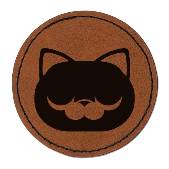 Round Cat Face Sleepy 2.5" Faux Leather Round Engraved Iron-On Patch - Brown