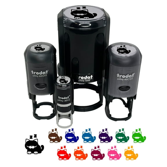 Round Cat Sleeping Self-Inking Rubber Stamp Ink Stamper - Black Ink - Mini 1/2 Inch