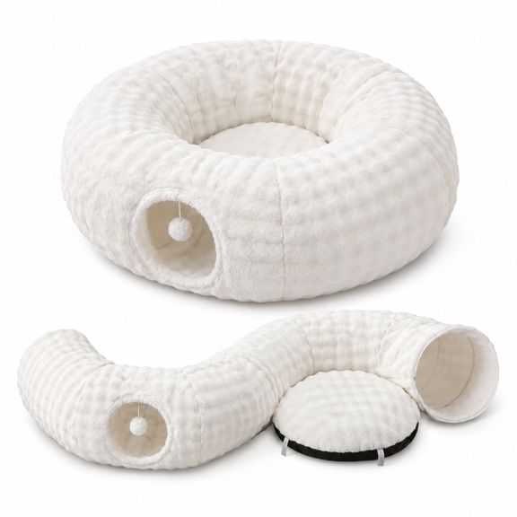 Round Cat Tunnel for Indoor Cats, Cream White, Soft Pet Bed and Play