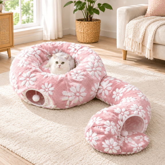Round Cat Tunnel for Indoor Cats, Pink Flower, Soft Plush Pet and Bed