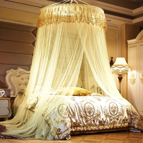 Round Ceiling Hanging Canopy Mosquito Net Luxury Embroidered Lace Top Long Sheer Mesh Bed Curtain for All Bed Sizes