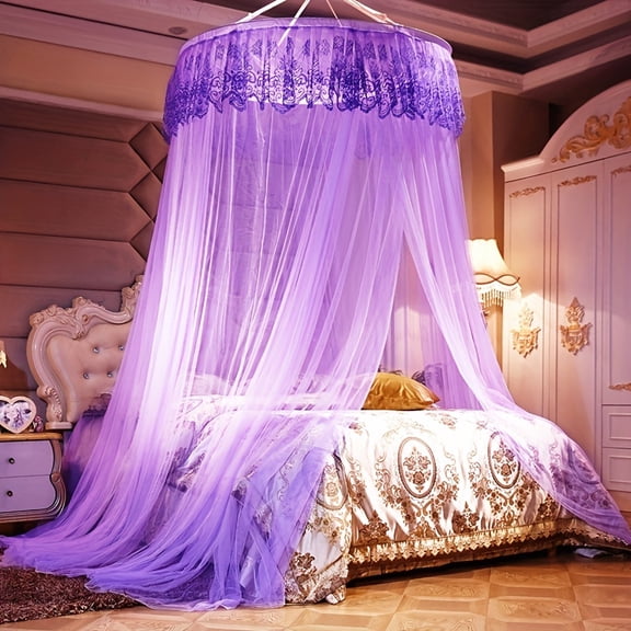 Round Ceiling Hanging Canopy Mosquito Net Luxury Embroidered Lace Top Long Sheer Mesh Bed Curtain for All Bed Sizes