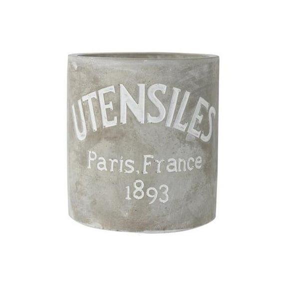 Benjara BM209436 Round Cemented Utensils Jar with Engraved Typography, Gray