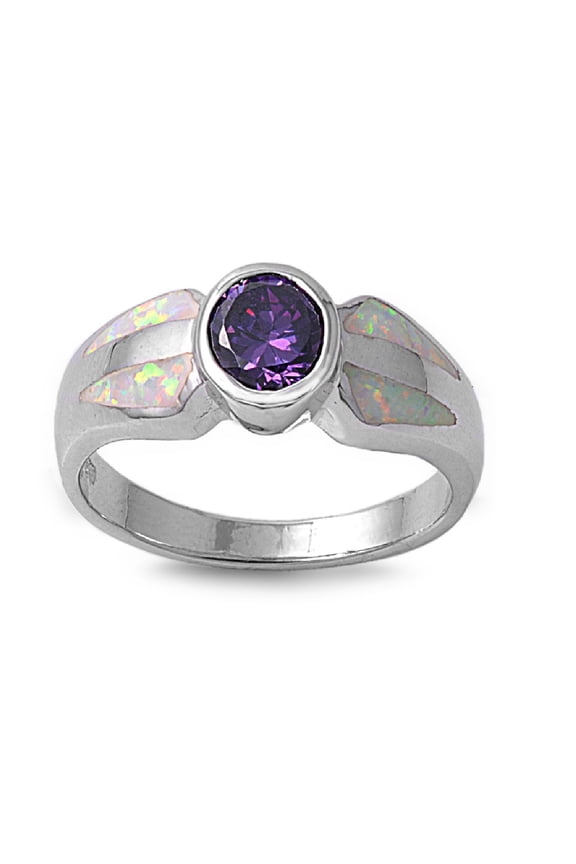 Round Center Bezel Simulated Amethyst Cubic Zirconia White Simulated Opal Ring Sterling Silver Size 5