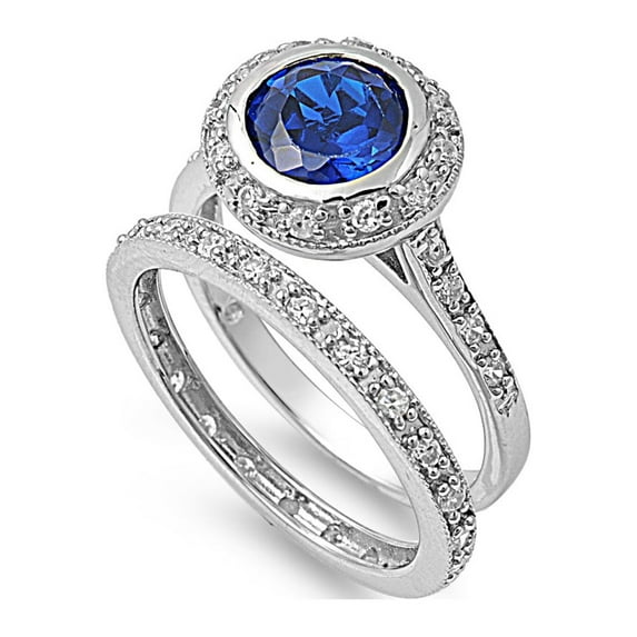 Round Center Bezel Simulated Sapphire with Round Stones Wedding Set Ring Sterling Silver 925