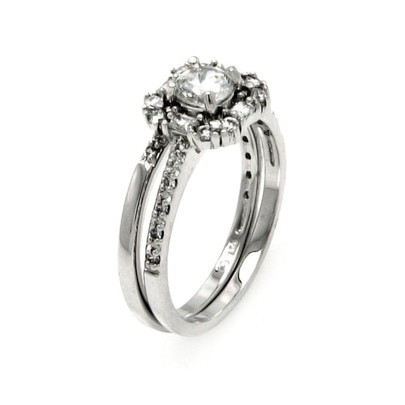 Round Center Clear Baguette Cubic Zirconia Bridal Ring Rhodium Plated Sterling Silver Size 8