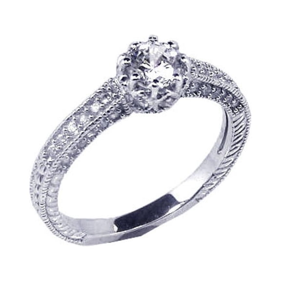 Round Center Cubic Zirconia Beaded Decorative Ring Rhodium Plated Sterling Silver Size 9