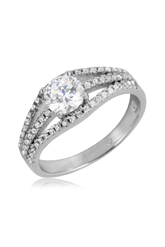 Round Center Cubic Zirconia Open Shank Stone Ring Rhodium Plated Sterling Silver Size 6