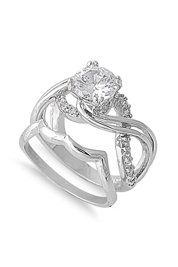 Round Center Infinity with Round Stones Cubic Zirconia Wedding Set Ring Sterling Silver 925