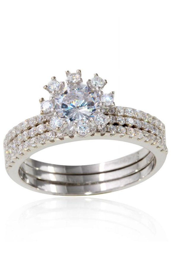 Round Center Micro Pave Cubic Zirconia Bridal CZ 3 Piece Set Ring Rhodium Plated Sterling Silver Size 6