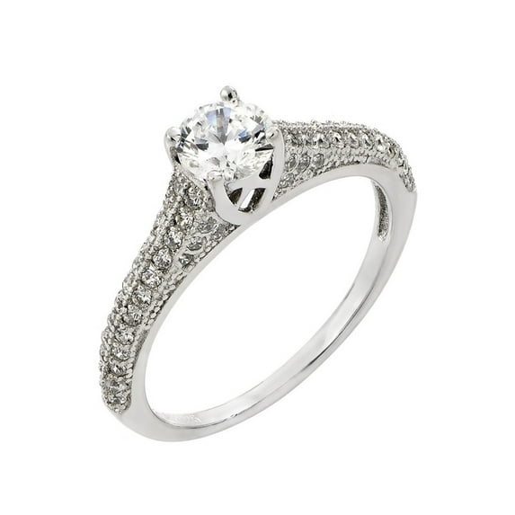 Round Center Micro Pave Cubic Zirconia Solitaire Ring Rhodium Plated Sterling Silver Size 6