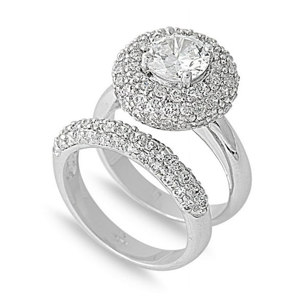 Round Center Mystere with Round Stones Cubic Zirconia Wedding Set Ring Sterling Silver 925