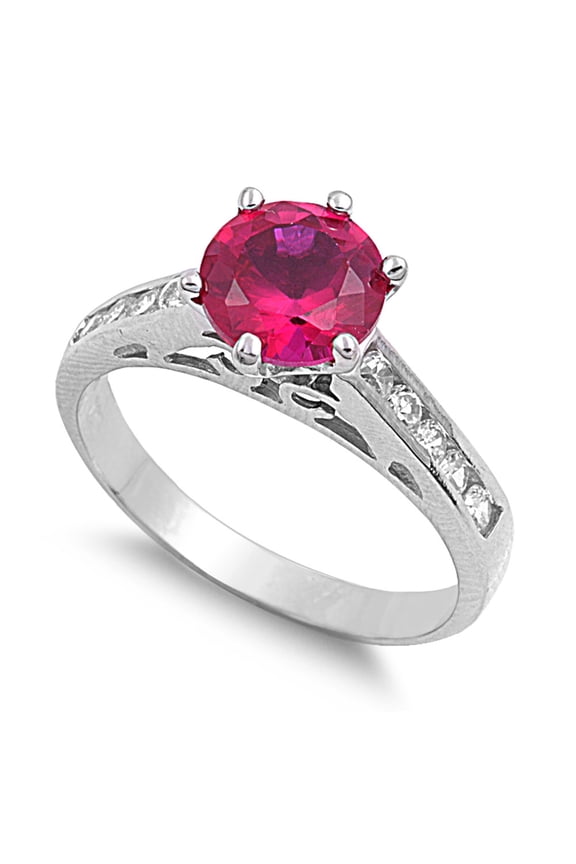 Round Center Simulated Ruby Cubic Zirconia Ring Sterling Silver 925 Size 5
