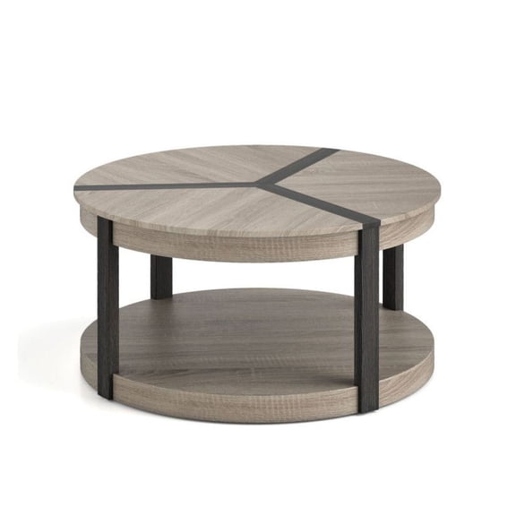 Round Center Table, 34.5" Rubber Wood Coffee Table, 2-Tier Living Room Tables