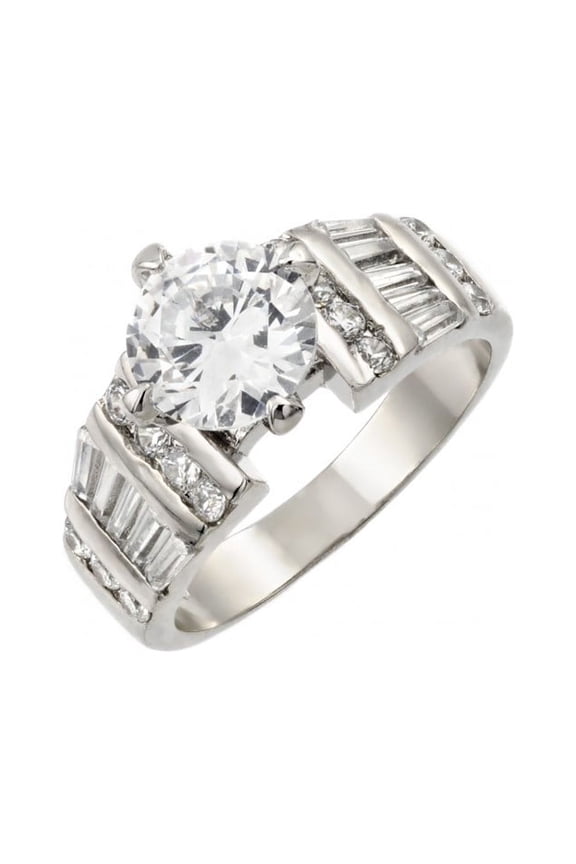 Round Center with Bar Set Sides Cubic Zirconia Designer Ring Rhodium Plated Sterling Silver Size 6