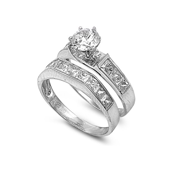 Round Center with Princess Cut Stones Cubic Zirconia Wedding Set Ring Sterling Silver 925