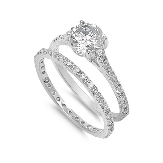 Round Center with Round Stones Cubic Zirconia Wedding Set Ring Sterling Silver 925